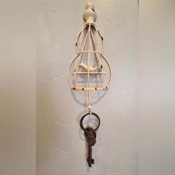 Vintage Cream Birdcage  Key Holder Wall Decor With 2 Rustic Keys - Picture 1 of 5